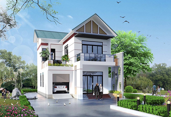 Mẫu nhà đẹp 2 tầng mái thái hình chữ L.